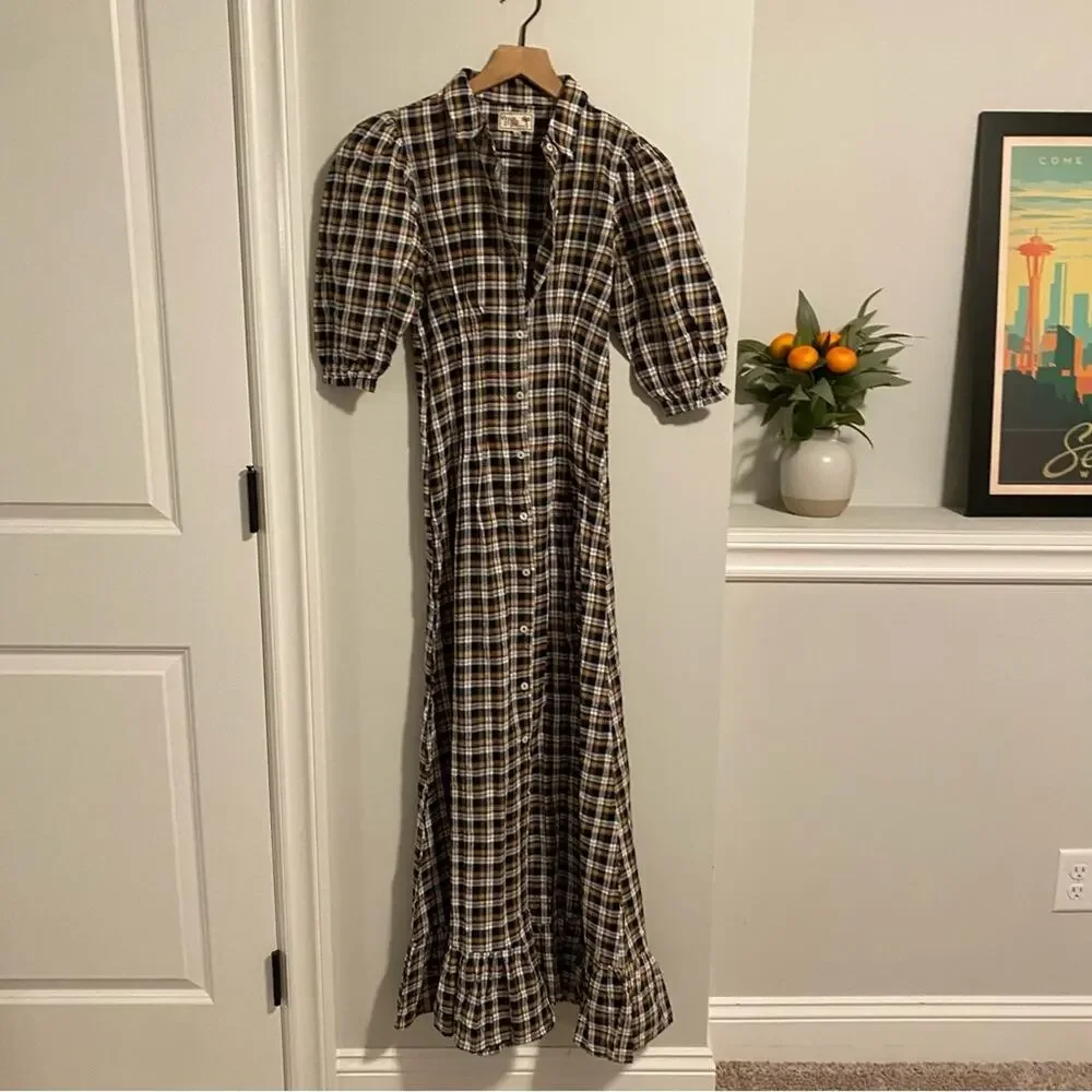 Mille Resort Blue Brown Plaid Button Front Maxi Dress XXS - Picture 10 of 10